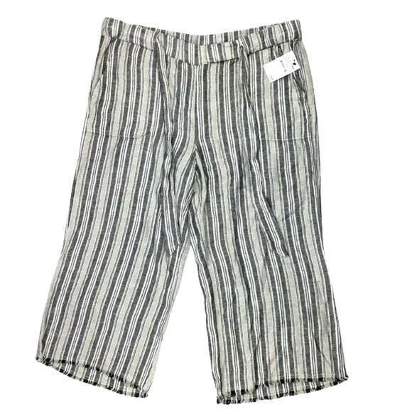 Caslon Cropped Linen Blend Raw Hem Pants Sz Large in Black/Khaki Stripe NWT - Picture 1 of 5